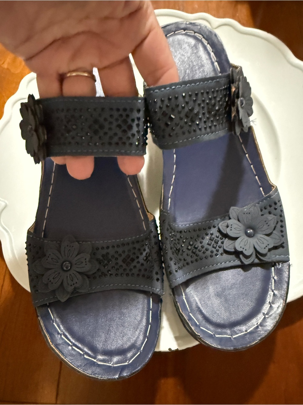 Women’s Navy Floral Double-Strap Slide Sandals